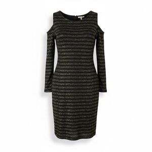 NY‎ Collection 2X black gold metallic cold shoulder stripe plus-size dress